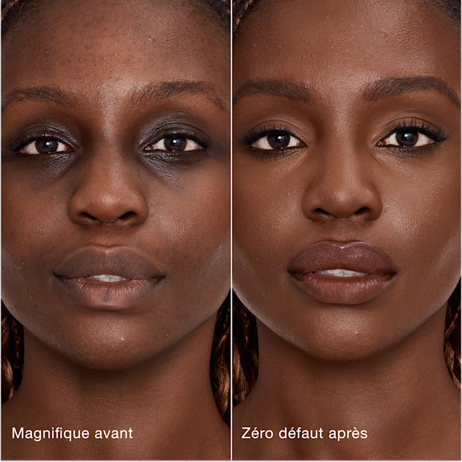 Avant/après Airbrush Flawless Concealer - 15 Deep (Foncé) Comparaison côte à côte de la peau avant et après l'application de l'Airbrush Flawless Concealer de Charlotte Tilbury, avec les étiquettes de texte « Magnifique avant » et « Zéro défaut après ».