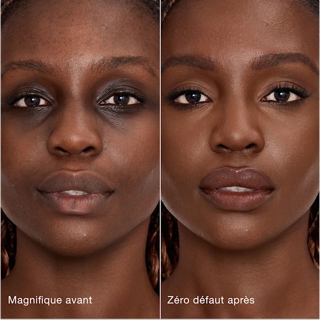 Avant/après Airbrush Flawless Concealer - 15 Deep (Foncé) Comparaison côte à côte de la peau avant et après l'application de l'Airbrush Flawless Concealer de Charlotte Tilbury, avec les étiquettes de texte « Magnifique avant » et « Zéro défaut après ».