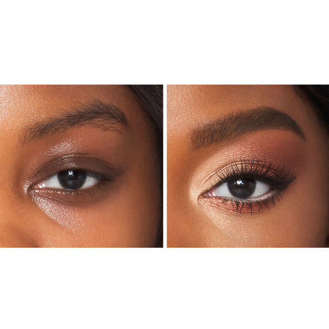 Eye close-up of a deep-tone model with brown eyes showing a before and after of eye with no makeup and then wearing a shimmery gold, smokey brown, and champagne eyeshadow with black eyeliner.
