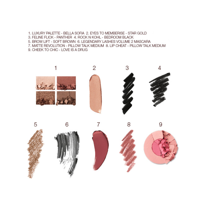 Swatches of a quad eyeshadow palette with shimmery and matte brown and gold shades, grey-blonde eyebrow tint, black eyeliner pen, black mascara, two-tone blush in bright pink, eyeliner pencil in black, nude pink lip liner pencil, muted wine-coloured lipstick, and champagne-coloured cream eyeshadow.