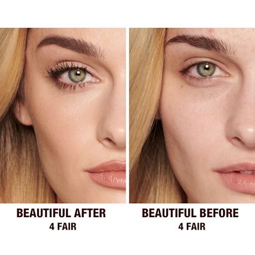 Beautiful Skin concealer in 4 on fair-tone model before and after Before and after of a fair-tone model without any makeup in the before shot and then wearing a radiant, concealer that brightens, covers blemishes, and makes her skin look fresh along with nude lip gloss and subtle eye makeup.