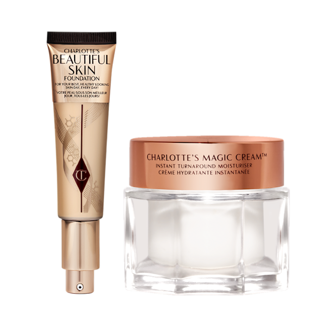 beautiful Skin Foundation and Magic Cream An open foundation tube in sleek gold packaging with a pump dispenser along with pearly-white cream in a glass jar with a gold-coloured lid.