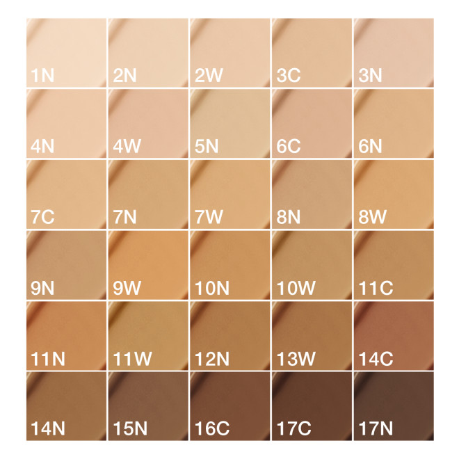 Collage of different foundation shades with a satin finish ranging from whitish-beige to black-brown for fair, light, medium, tan, and deep-tone complexions.