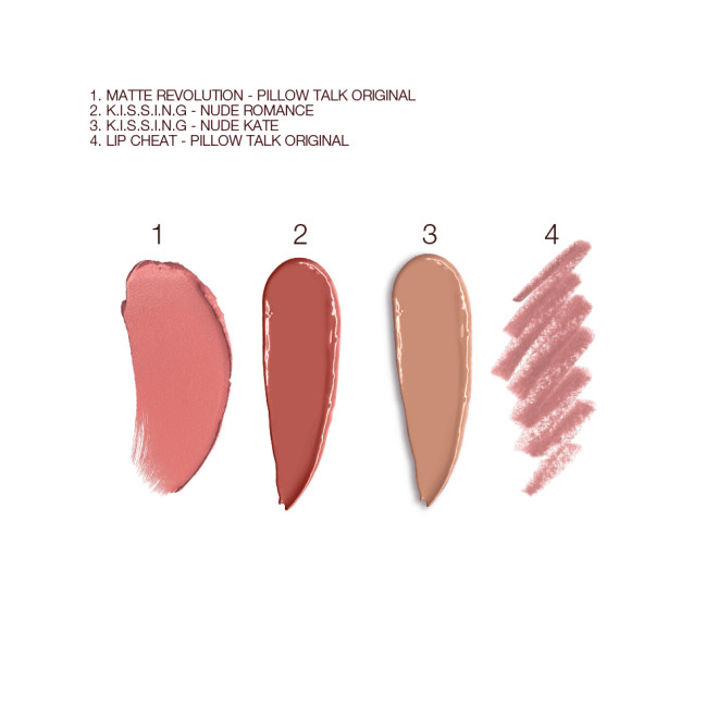 Swatches of a matte lipstick in a nude pink shade, satin-finish lipstick in a rosy-brown shade, satin-finish lipstick in a sandy-brown shade, and lip liner pencil in nude pink.