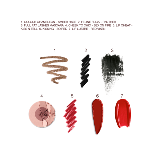 The Bombshell fair, light and medium kit swatches Swatches of eyeshadow in bronze, black eyeliner, black mascara, two-tone blush in mauve and pink-brown, lip liner in bright red, lipstick in maroon, and lip gloss in bright red.