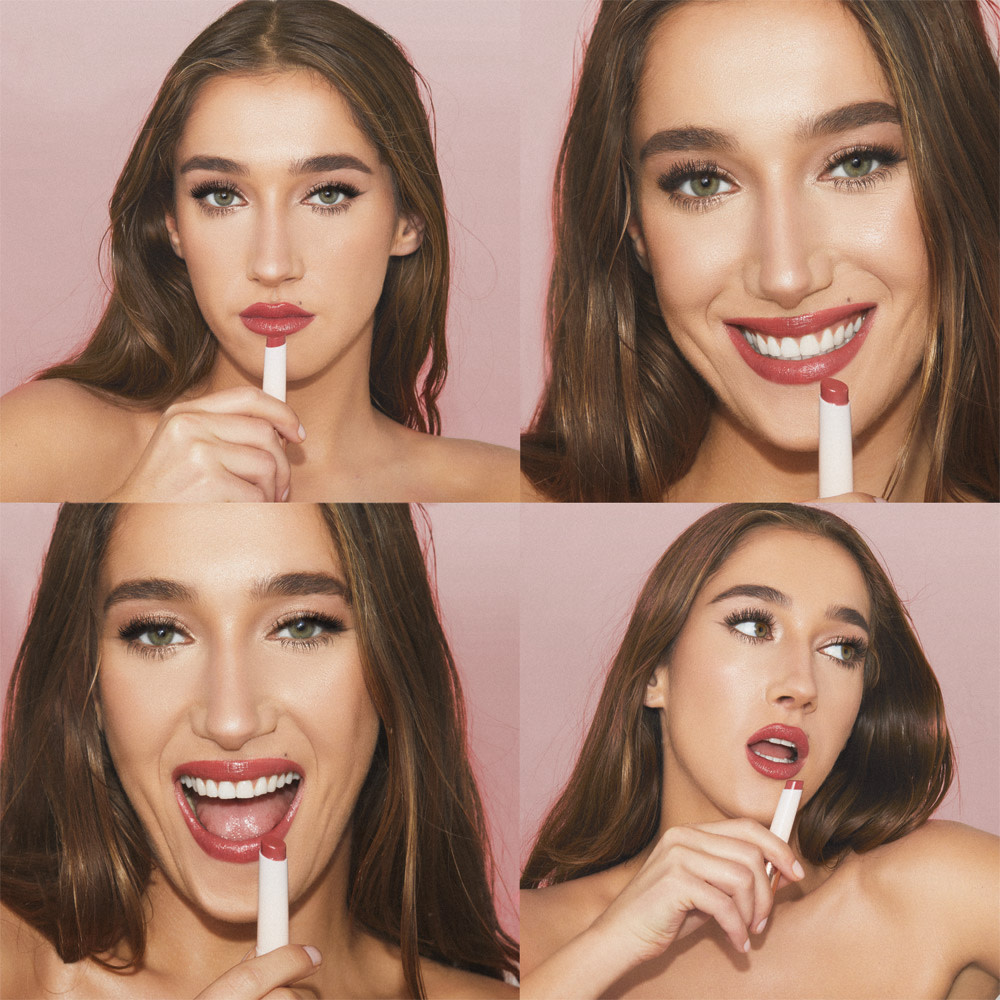 Light-tone brunette model applying a moisturising lipstick lip balm in a poppy-red shade in four different shots.m