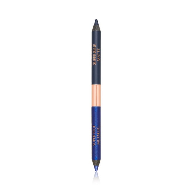 An open, double-sided eyeliner pen in sapphire blue and teal blue colours. 
