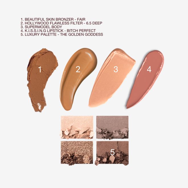 Sun-kissed Summer Glow Secrets swatches Swatches of a cream bronzer, glowy body highlighter, luminous primer in a dark brown shade, satin finish lipstick in a peachy-rose shade, and quad eyeshadow palette with matte and shimmery brown, grey, and gold shades.