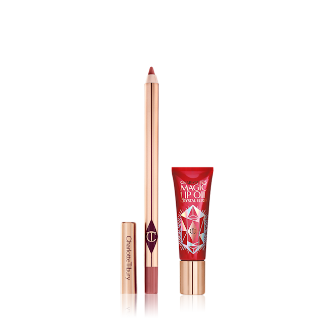 Tinted Lip Oil kit displayed An open lip liner pencil in nude pink shade and closed lip oil in a berry-rose tube with gold-coloured lid.