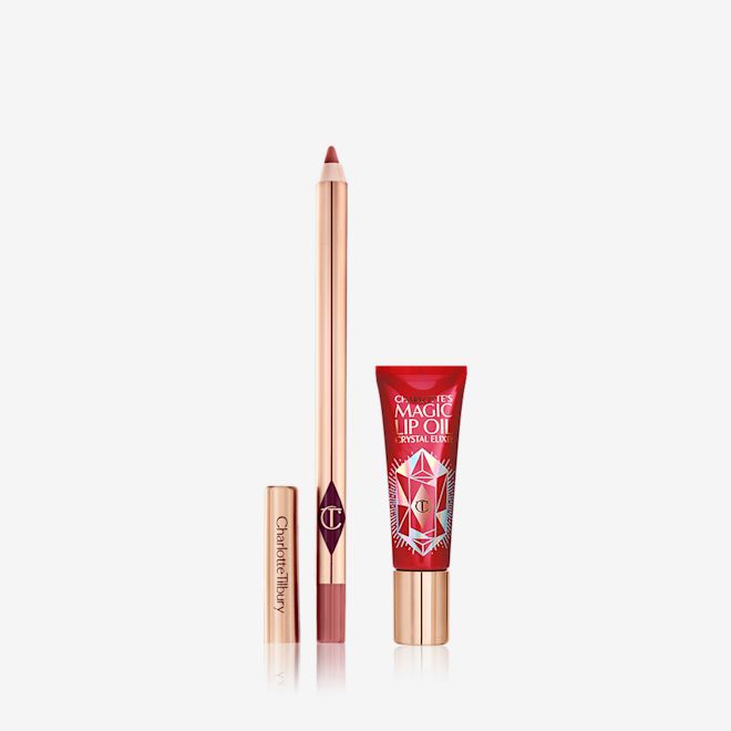 Tinted Lip Oil kit displayed An open lip liner pencil in nude pink shade and closed lip oil in a berry-rose tube with gold-coloured lid.