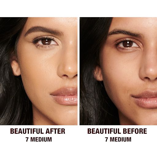 Beautiful Skin concealer in 7 on medium-tone model before and after Before and after of a medium-tone model without any makeup in the before shot and then wearing a radiant, concealer that brightens, covers blemishes, and makes her skin look fresh along with nude lip gloss and subtle eye makeup.