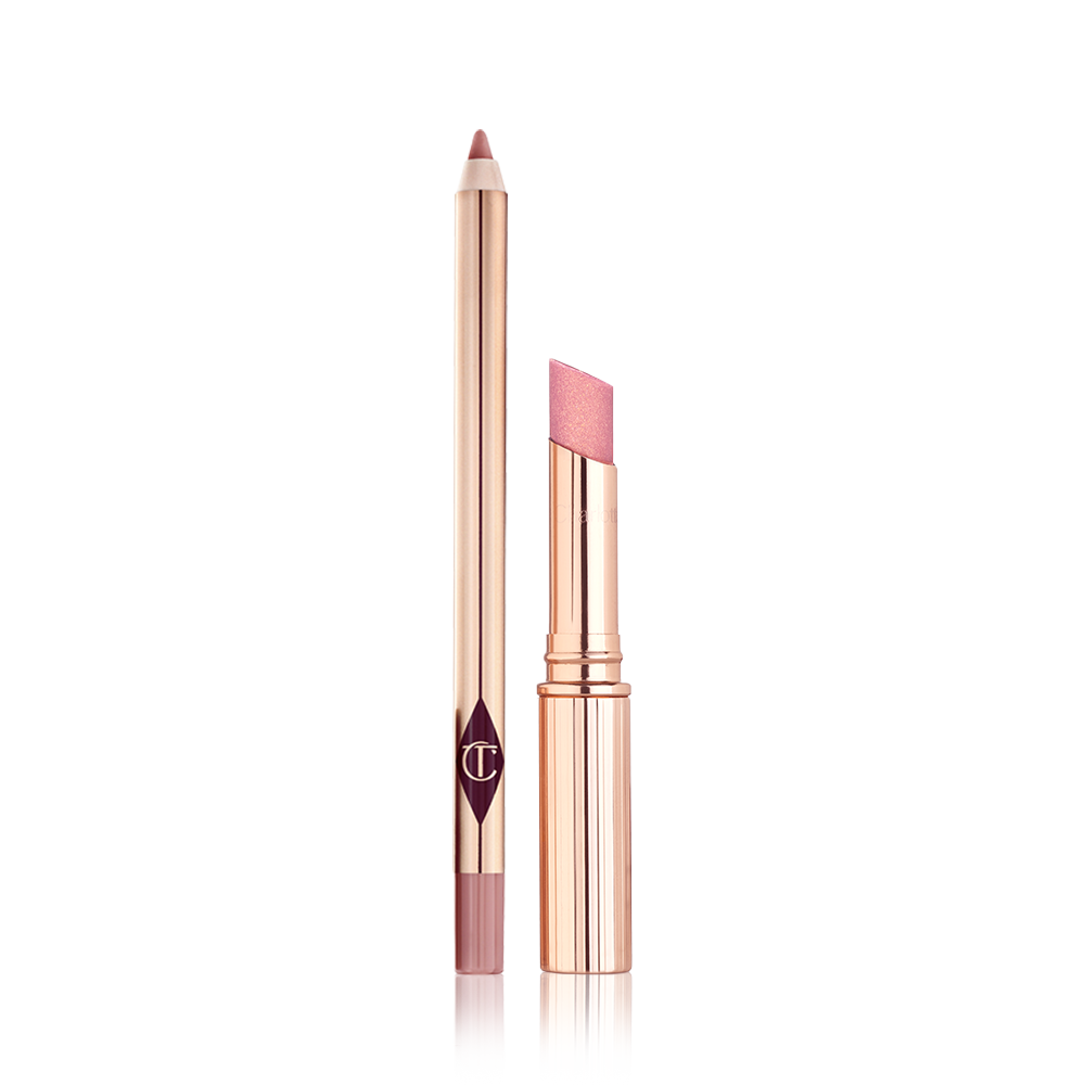 Pillow Talk Diamonds and Lip Cheat open Lip liner pencil in tea pink with an open lipstick balm in a soft pink shade, in a gold-coloured tube.