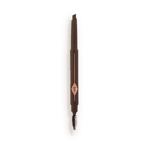 Brow Lift in Black Brown open An open, double-ended eyebrow pencil and spoolie brush duo in a black brown shade with black-brown-coloured packaging