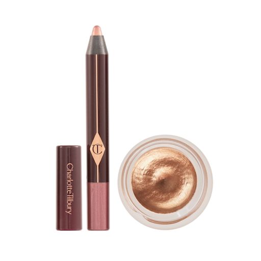 Easy Summer Eye Glow Secrets open An open, chubby eyeshadow stick in nude pink and cream eyeshadow in rose gold with gold sparkle in a petite glass pot.