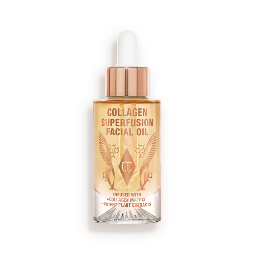 Collagen Superfusion Facial Oil closed A light-gold-coloured facial oil in a glass bottle with a gold and white-coloured dropper lid.