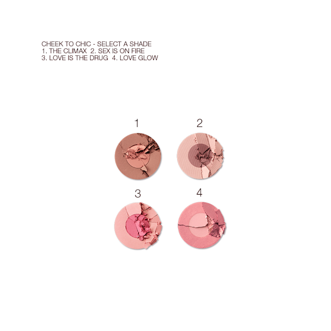 Cheek to Chic swatches Swatches of four, two-tone blushes in shades of brown and pink, mauve and wine, nude pink and hot pink, and muted pink and medium pink.