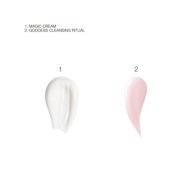 Multi Miracle Glow and Magic Cream swatches Swatches of a pearly-white face cream and a pink-coloured three-in-one cleansing balm.