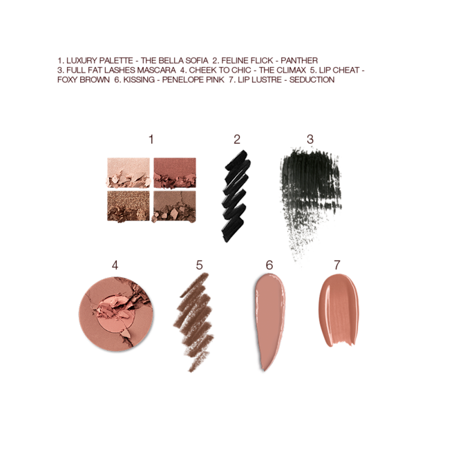 The Bella Sofia kit deep swatches Swatches of a quad eyeshadow palette in matte and shimmery nude brown shades, black eyeliner and black mascara, two-tone blush in brown and warm pink, lip liner in taupe-brown, lipstick in nude peach, and lip gloss in brown-peach.