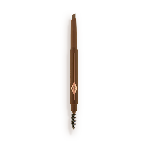 Brow Lift in Medium Brown open An open, double-ended eyebrow pencil and spoolie brush duo in a medium brown shade with medium-brown-coloured packaging