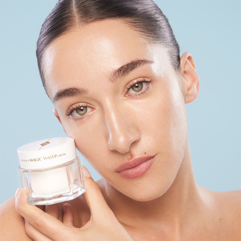 Bella Tilbury with Charlotte's Magic Water Cream gel moisturiser for oily skin