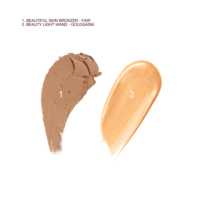 Hollywood Flawless Filter and Beautiful Skin Bronzer swatches Swatches of a cream bronzer and liquid highlighter in a soft candlelight colour.