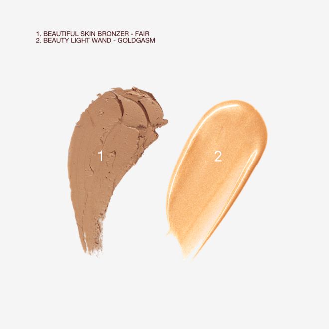 Hollywood Flawless Filter and Beautiful Skin Bronzer swatches Swatches of a cream bronzer and liquid highlighter in a soft candlelight colour.