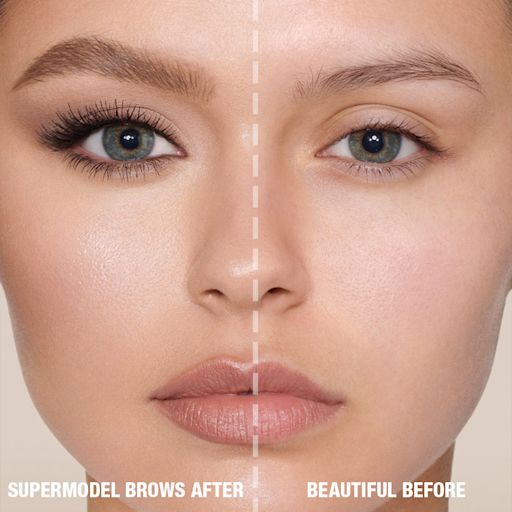 Brow Cheat in Soft Brown before and after on fair-tone model with blue eyes Before and after of a fair-tone model with blue eyes with bare brows on one side and thick, filled, and lined eyebrows on the other side after applying a soft-brown-coloured eyebrow pencil.