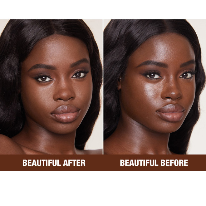 Before and after of a deep-tone brunette model with nude makeup and shiny skin before and matte, glowing skin after, after using a pressed powder in deep shade.