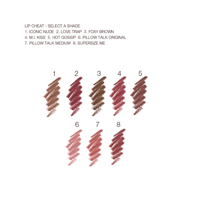 Lip Cheat Lip Liner swatches Swatches of eight lip liner pencils in shades of brown, red, pink, purple, and peach.