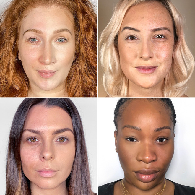 Four makeup artists of fair, medium, and deep skin tones wearing flawless and glowy makeup bases and soft makeup on half of their faces with the other half without any makeup.