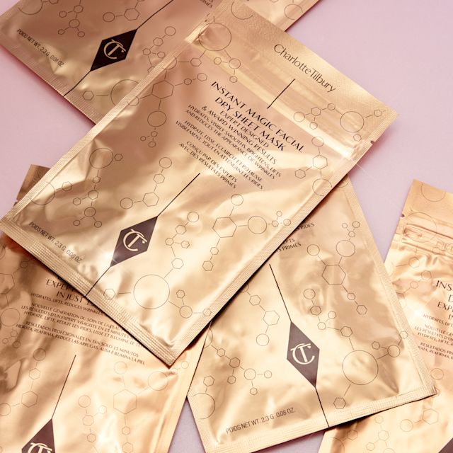 Instant Magic Facial Dry Sheet Mask still life Instant Magic Facial Dry Sheet Mask rose-gold packaging