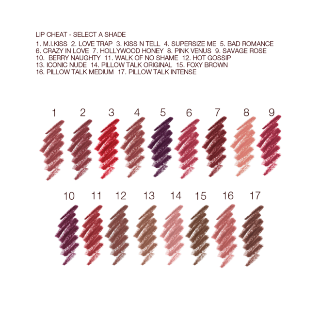 Lip Cheat full collection swatches Swatches of seventeen lip liner pencils in shades of brown, purple, pink, peach, red, taupe, and brown.