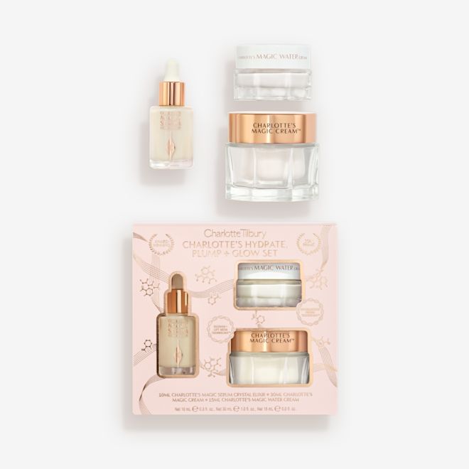 Charlottes Hydrate Plump & Glow Set packshot with products Charlottes Hydrate Plump & Glow Set packshot with products