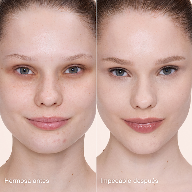 Antes y después de usar Airbrush Flawless Concealer en el tono 1.5 Fair Comparación paralela que muestra la piel antes y después de aplicar el corrector Charlotte Tilbury Airbrush Flawless Concealer con las etiquetas de texto hermosa antes, impecable después.