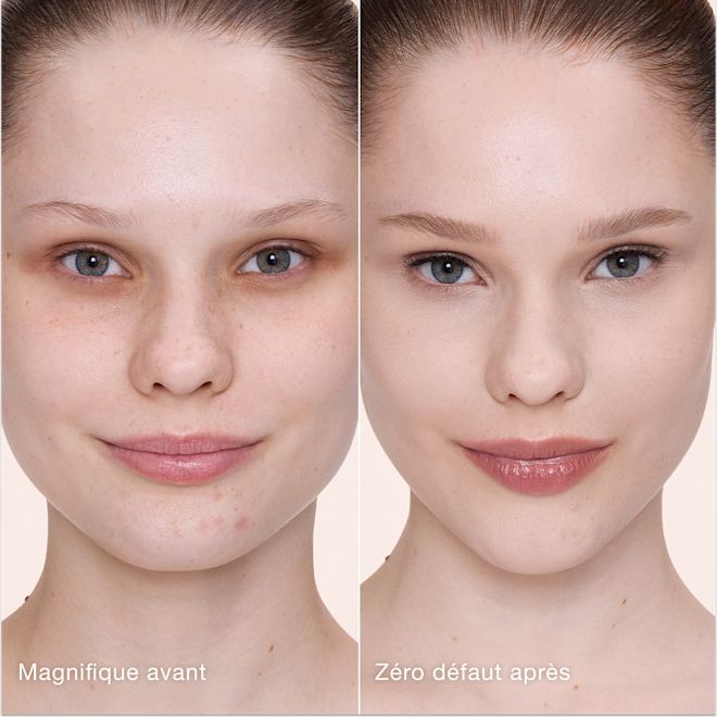 Avant/après avec Airbrush Flawless Concealer - 1.5 Fair (Clair) Comparaison côte à côte montrant la peau avant et après l'application de l'Airbrush Flawless Concealer de Charlotte Tilbury, avec les étiquettes de texte « Magnifique avant » et « Zéro défaut après ».