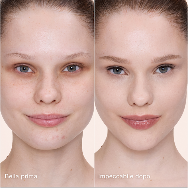 Airbrush Flawless Concealer - 1.5 fair prima e dopo Confronto affiancato che mostra la pelle prima e dopo aver applicato il correttore Airbrush Flawless di Charlotte Tilbury, con le etichette di testo "Bella prima" e "Impeccabile dopo".