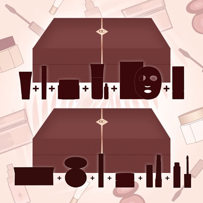 MYSTERYBOX-US Banner with a brown-red-coloured gift box with illustrations of six skincare and makeup mystery items that are included in it.