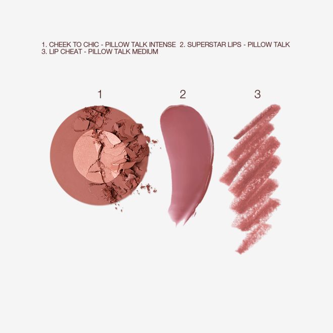 Superstar Lip and Cheek Makeup Kit swatches Swatches of a two-tone blush in shades of terracotta and rose gold, a lipstick lip balm in sheer berry-rose shade, and a lip liner in pinkish-brown shade.