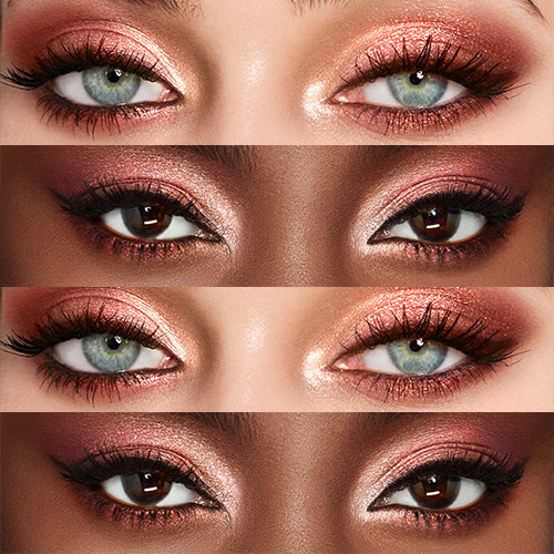 Eyes' close-up of four models with different skin tones wearing pink glitter eyeshadow looks