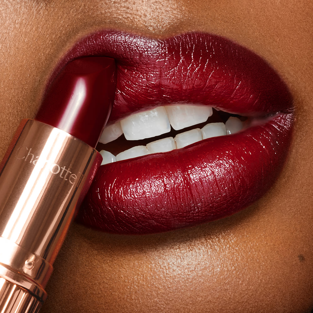 Dark Red Lipstick close up Model wearing Night Crimson dark red lipstick