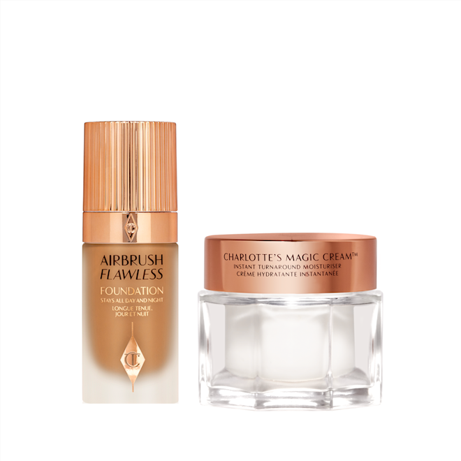 Airbrush Flawless Foundation and Magic Cream Thick, pearly-white face cream in a glass jar with a gold-coloured lid and a foundation in a light-medium shade in a frosted glass bottle with a gold-coloured lid.