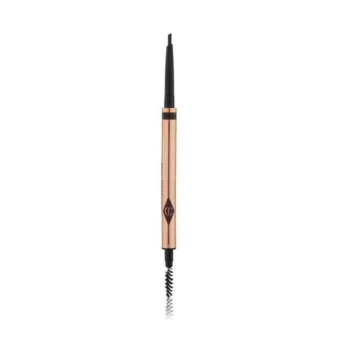 A double-ended eyebrow pencil and spoolie brush duo in a black shade with gold-coloured packaging.