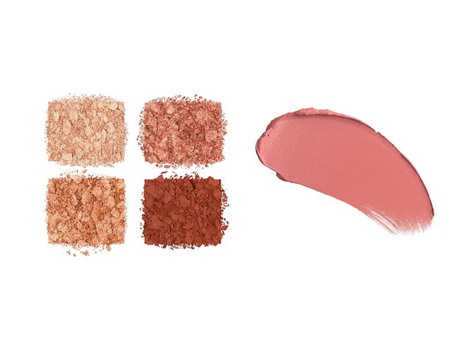 Luxury Palette in Copper Charge and Matte Revolution Lipstick in Pillow Talk Swatches of four, matte and shimmery eyeshadows in shades of copper with a swatch of a nude pink matte lipstick.