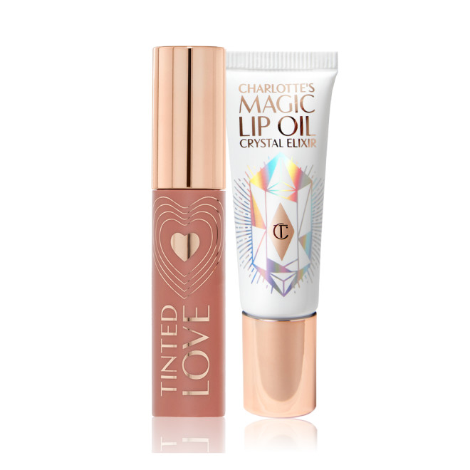 Lip and cheek tint in a brown-pink shade with a golden-coloured lid and lip oil in a white-coloured tube with a gold-coloured tube. 