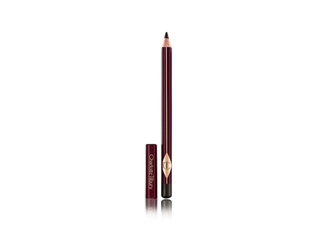 The Classic Eyeliner in Classic Brown open An open, soft dark-brown eyeliner pencil with the CT logo printed on it and its cap next to it.