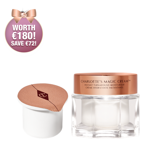 MC-50-Refill Pearly-white cream in a glass jar with a gold-coloured lid along with its refill in a white-coloured pot with an easy-to-peel-off cover.