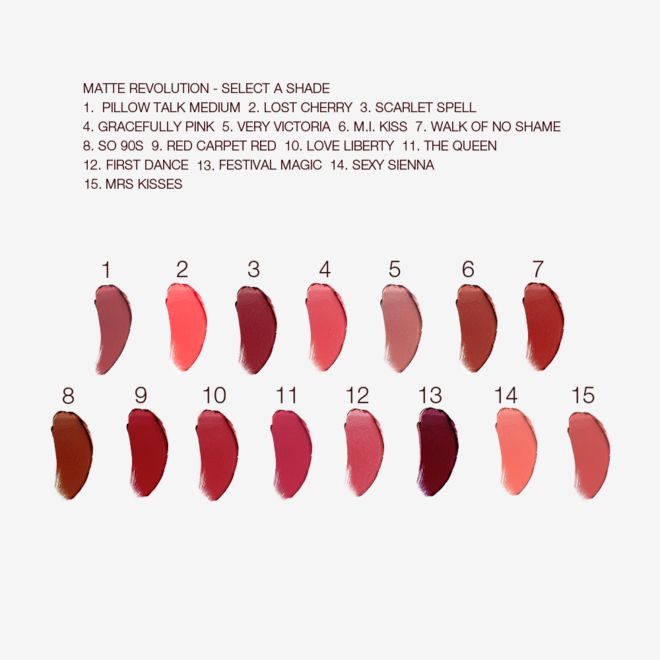Matte Revolution Lip Kit swatches Swatches of fifteen lipsticks with a matte finish in shades of red, brown, orange, pink, peach, and purple.