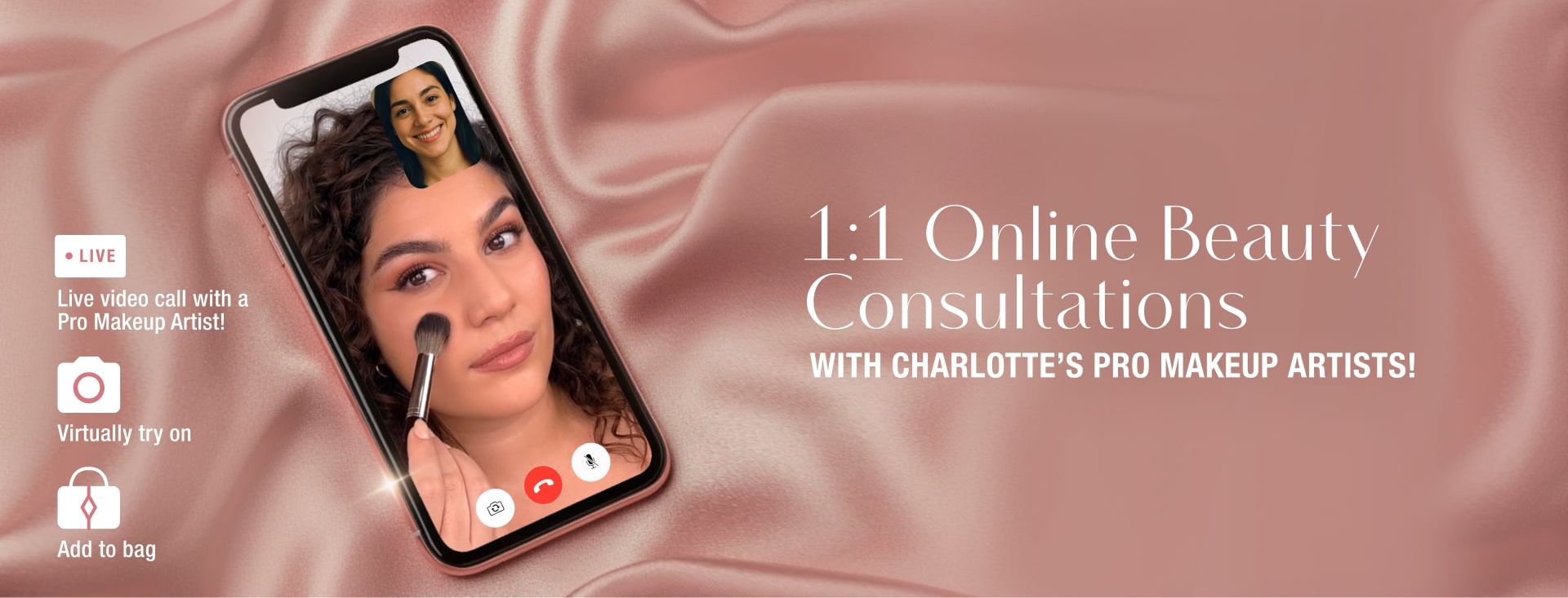 Virtual Consultation banner Dark burgundy-coloured banner with text that reads, 'Virtual consultations. Live beauty experts, fast and free! 1-2-1 video consultations with revolutionary beauty tech so you can shop + checkout live!'