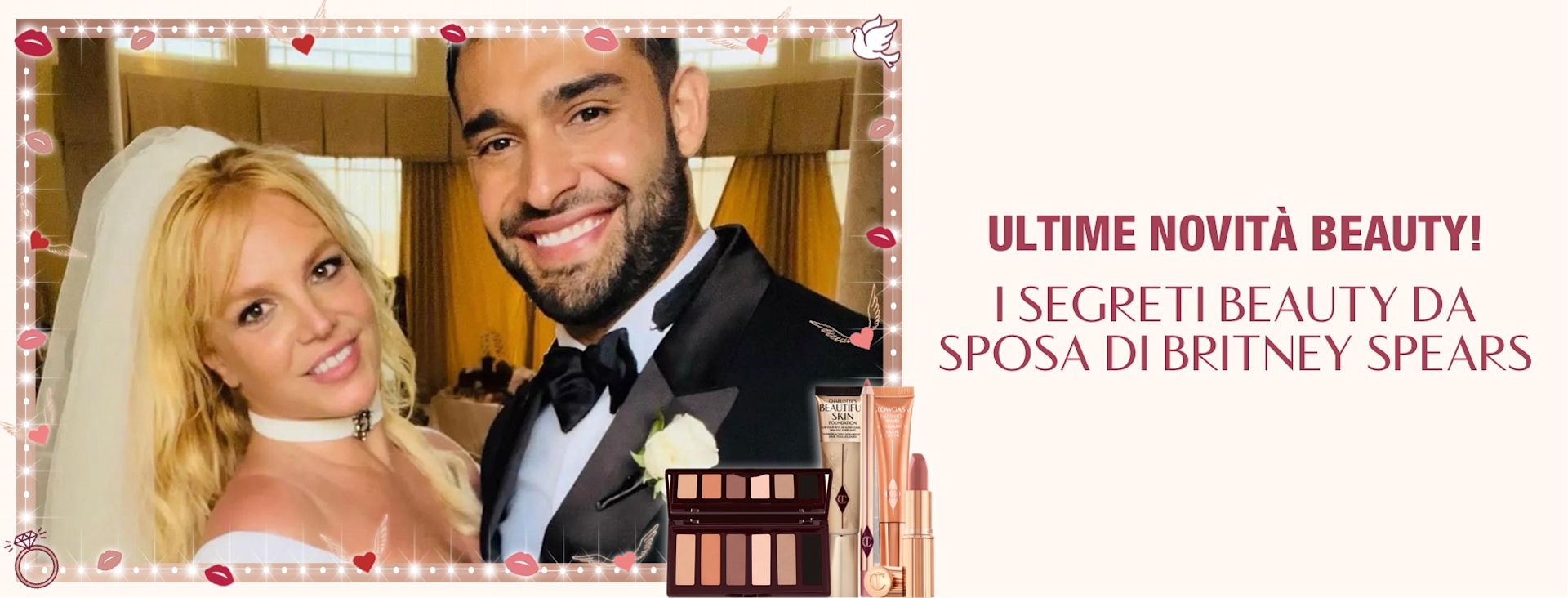 IT CONTENT-HERO-SENSATION-MB 1 Poster with Britney Spears and her former husband on their wedding with Britney wearing glowy, soft-glam nude pink makeup, and text on the banner that reads, 'breaking Beauty News!!! Britney Spears bridal beauty look'