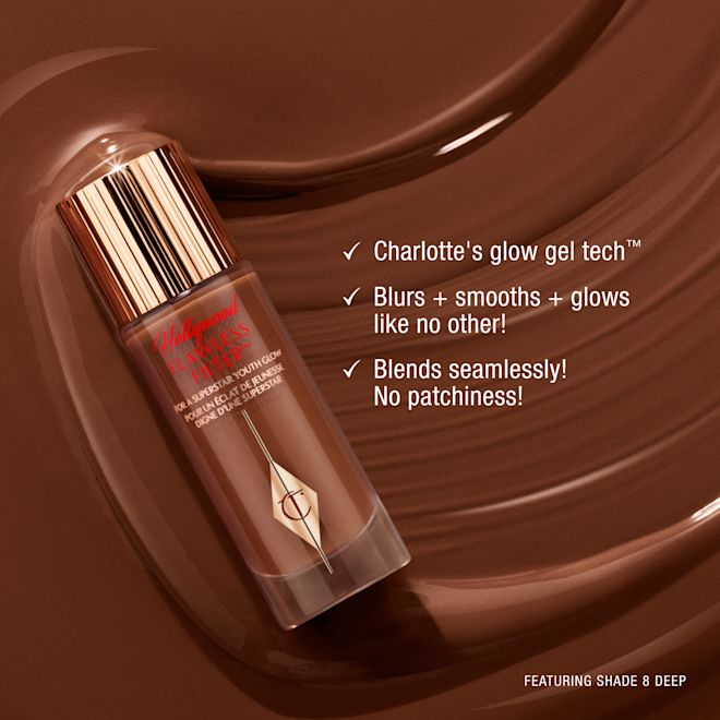 Hollywood Flawless Filter Texture Infographic Charlotte Tilbury Hollywood Flawless Filter bottle with gold cap on a chocolate-brown background, promoting glow gel technology that blurs, smooths, and glows, featuring shade 8 Deep.